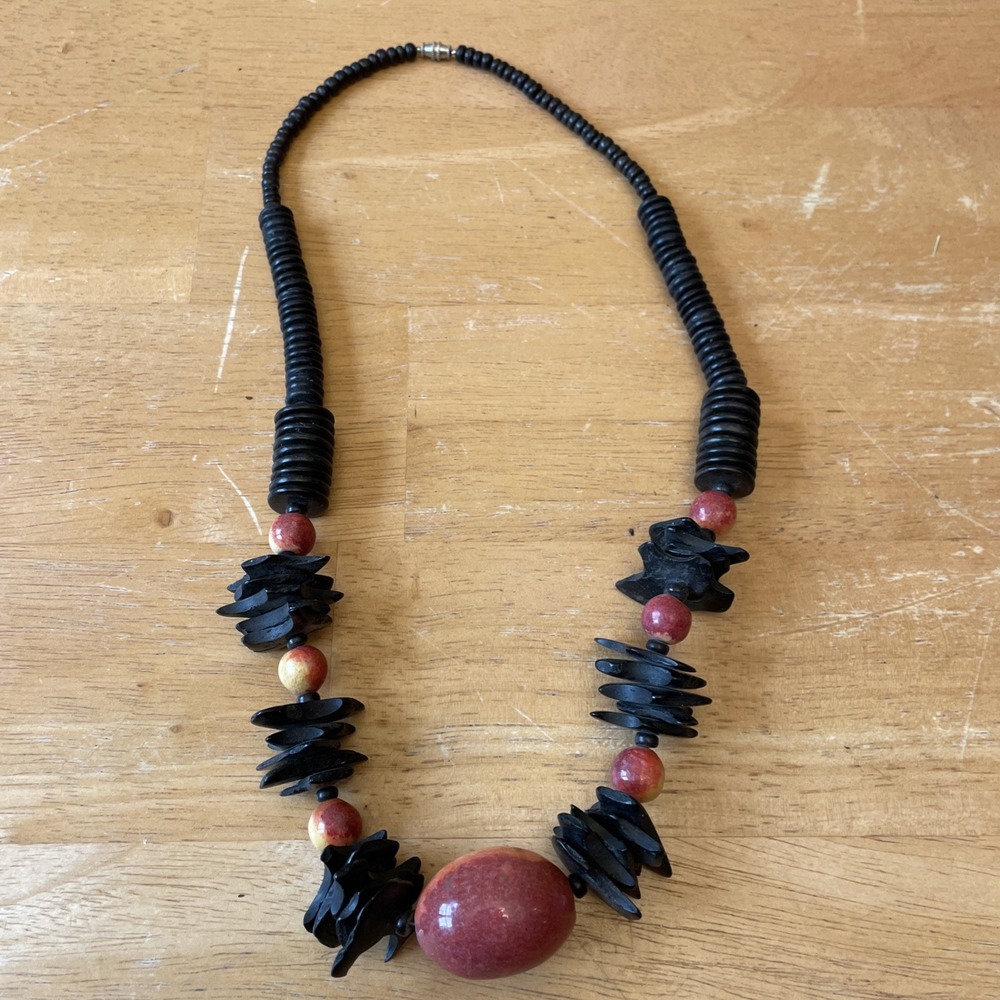 VTG Artisan Handmade Wooden Chunky Sphere Bead Statement Necklace Boho Black Red